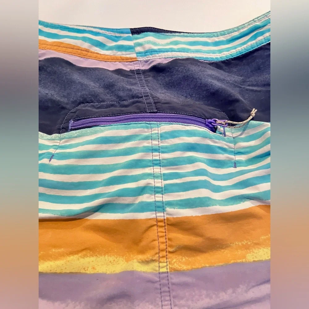 Patagonia Swim Board Shorts Trunks Mens 34 Blue Orange Striped Beach zip Pocket